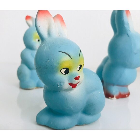 1940s Composition Paper Mache Germany Easter Bunnies Blue  3 Vintage Paper Mache Easter Rabbits Bunny Trio Germany Rare Blue